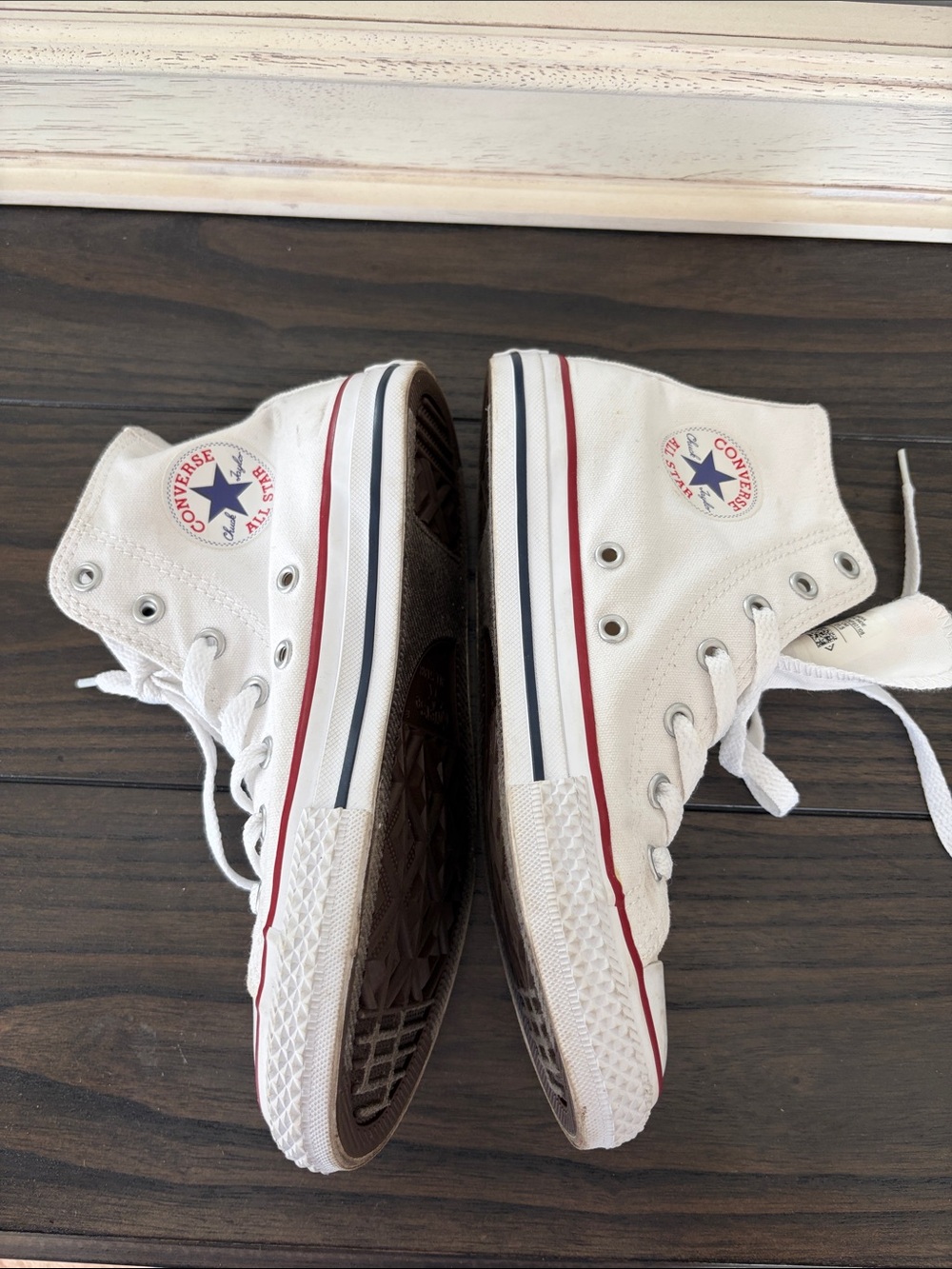 Converse Kids White High Top Sneakers with Red and Navy Trim - Picture 2 of 6